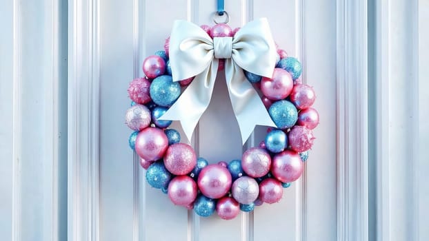 An exquisite wreath on the door, made up of round ornaments of different sizes in pink and blue. AI generated.