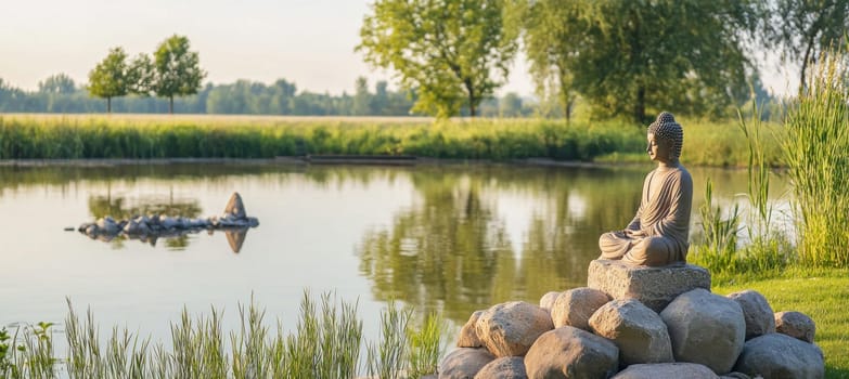 Tranquil scene of a buddha statue meditating by a calm lake at sunrise, surrounded by lush greenery, promoting peace and serenity