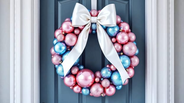 An exquisite wreath on the door, made up of round ornaments of different sizes in pink and blue. AI generated.