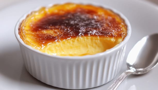 Close up of a creme brulee with its caramelized crust broken, revealing the smooth custard underneath
