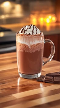 Steaming mug of hot chocolate topped with whipped cream and chocolate shavings sits on wooden table with chocolate squares