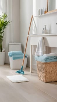 Mop cleaning a bright, modern bathroom floor, ensuring hygiene and a fresh, clean environment