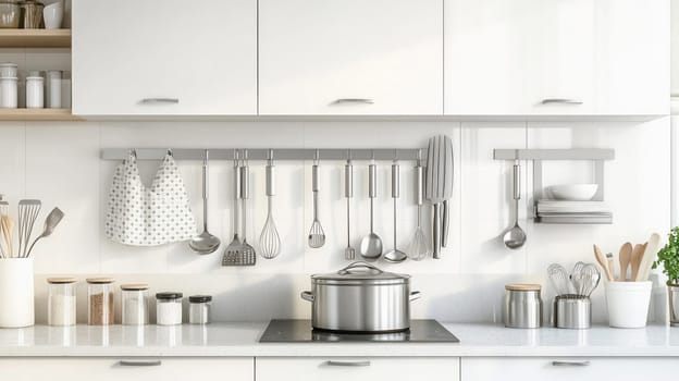 Stainless steel kitchen utensils hanging on a rack above a modern cooktop and ingredients in glass jars