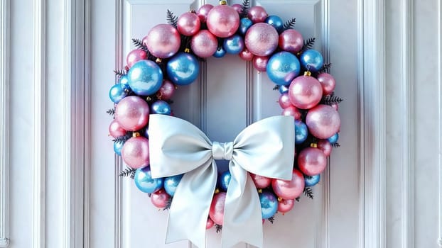 An exquisite wreath on the door, made up of round ornaments of different sizes in pink and blue. AI generated.