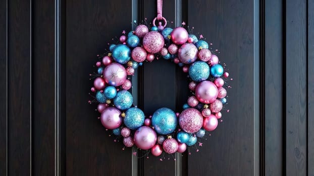 An exquisite wreath on the door, made up of round ornaments of different sizes in pink and blue. AI generated.