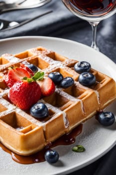 Delectable waffle served with vibrant berries and sweet syrup. Eye-catching presentation makes it perfect for culinary advertisements and engaging food photography