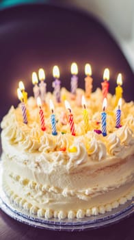 White frosted birthday cake with colorful lit candles, celebrating a special occasion