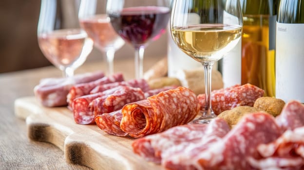Gourmet selection of salami, prosciutto, and breadsticks paired with various wines for a sophisticated tasting experience