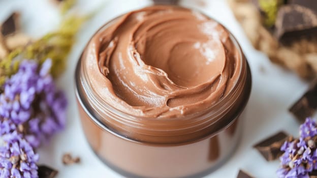 Chocolate body cream in a jar surrounded by lavender flowers and dark chocolate chunks, evoking a luxurious spa experience
