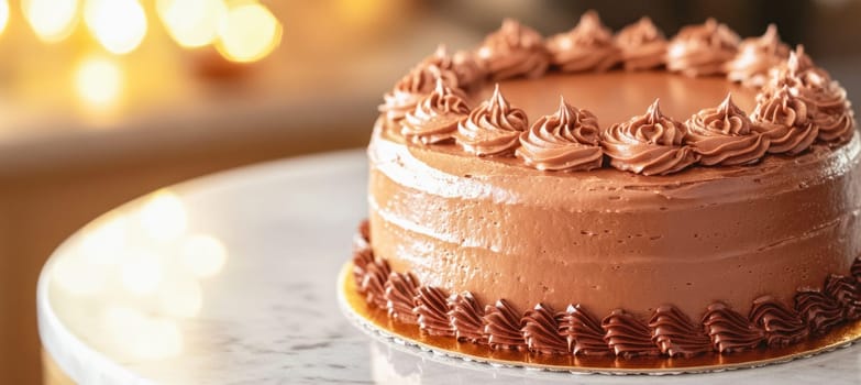 Chocolate fudge cake with swirled frosting resting on a marble table with festive bokeh lights in the background
