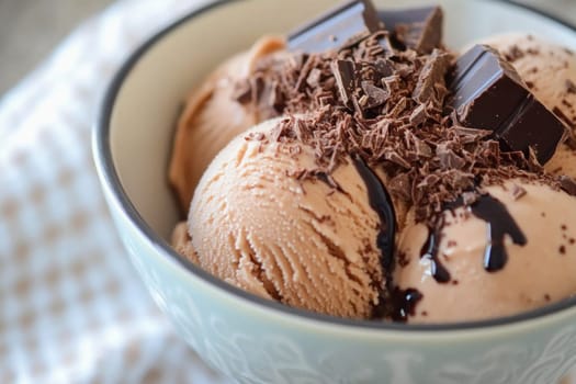 Chocolate ice cream scoops topped with chocolate syrup and chocolate shavings are served in a bowl, ready to be enjoyed