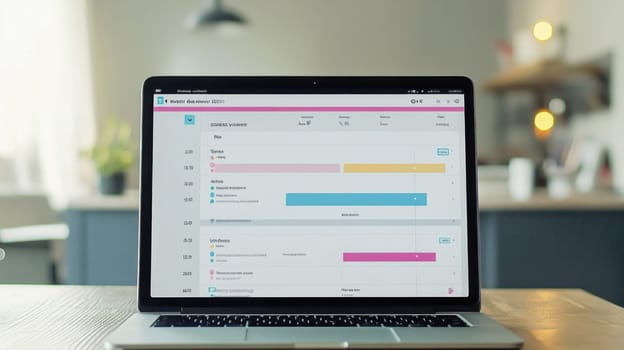 Open laptop displaying scheduling app interface on wooden table in comfortable home office setting, promoting efficient time management and remote work productivity