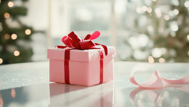 Pink christmas gift with red ribbon dusted with snow on a table with blurred christmas tree lights in the background