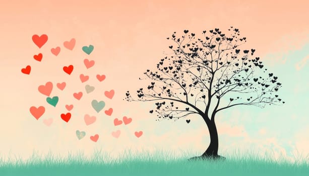 Illustration of colorful hearts flying towards a lonely tree with heart shaped leaves, symbolizing love and connection