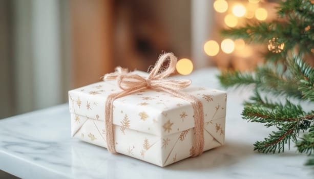 Wrapped christmas gift with jute twine resting on a marble table near christmas tree with bokeh lights in background