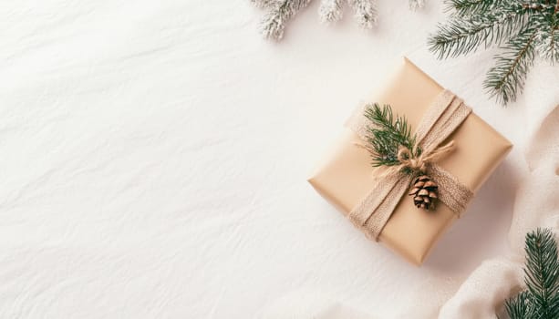 Christmas gift box is decorated with pine cone and fir branches on white textured background