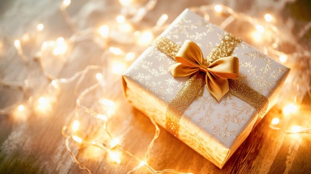Christmas gift box with golden ribbon and bow surrounded by glowing fairy lights on a wooden table