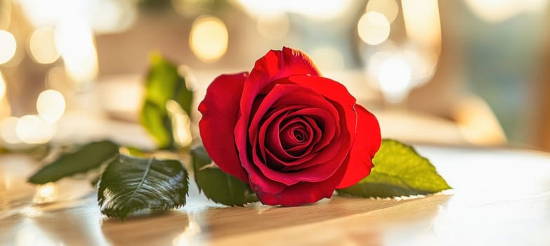 Red rose and candle create a romantic atmosphere on a restaurant table