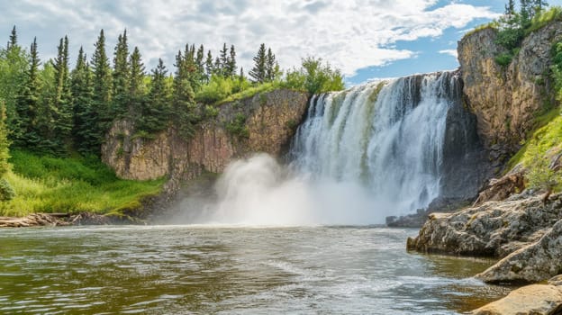 Water plunges over a cliff, creating a breathtaking waterfall that flows into a serene river surrounded by a vibrant green forest