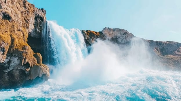 Majestic waterfall plunging into vibrant turquoise water, creating a breathtaking natural spectacle on a sunny day