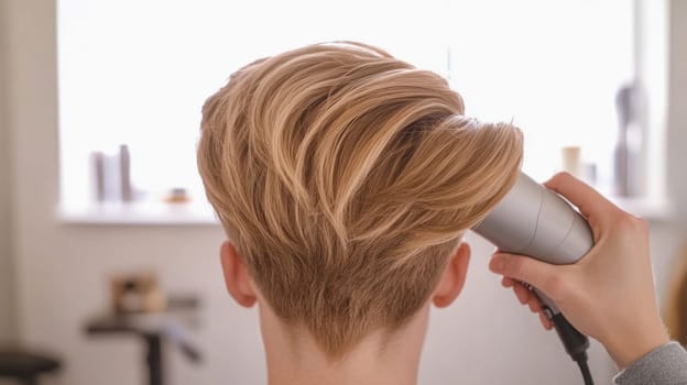 Hairdresser drying man's hair after cutting in hairdressing salon