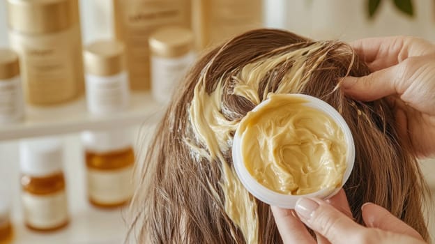 Beautician applying hair care product on client's hair for healthy and strong hair