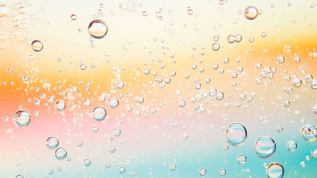 Beautiful macro shot of various sized bubbles floating on a gradient pastel background, creating a dreamy and abstract scene