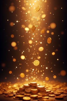 Coins are dramatically cascading from above, creating an enchanting effect against a warm, glowing background, symbolizing abundance - Generative AI