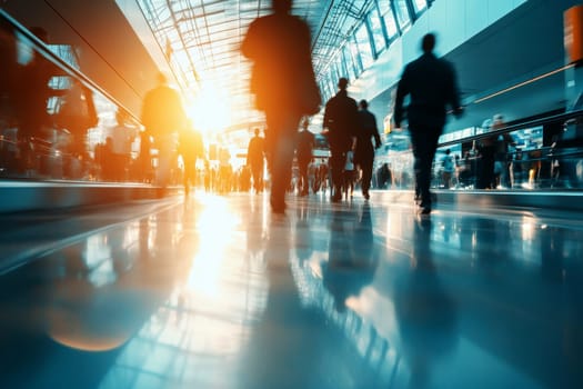 Beautiful motion blur of people walking in the morning rush hour, busy modern life concept..