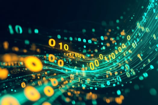 Flowing stream of binary code in green and yellow hues, representing data transfer and technology.