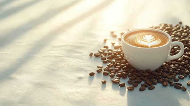 a coffee cup placed on a concrete surface with roasted coffee beans spread around it..