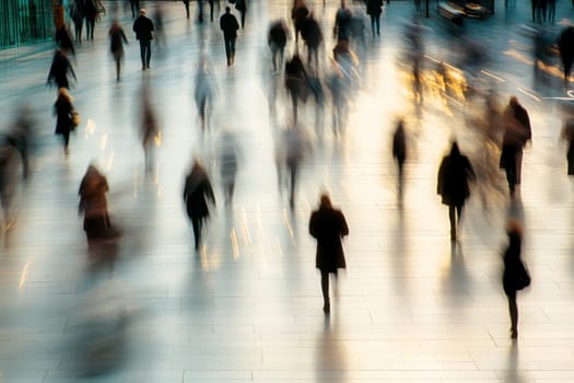 Beautiful motion blur of people walking in the morning rush hour, busy modern life concept..