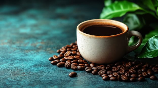 a coffee cup with black coffee, placed on a concrete surface with roasted coffee beans spread around it..