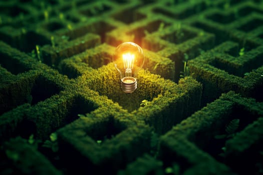 A glowing lightbulb sits at the center of a sprawling, green maze, symbolizing an idea or solution within a complex problem.