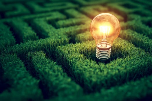A glowing lightbulb sits at the center of a sprawling, green maze, symbolizing an idea or solution within a complex problem.