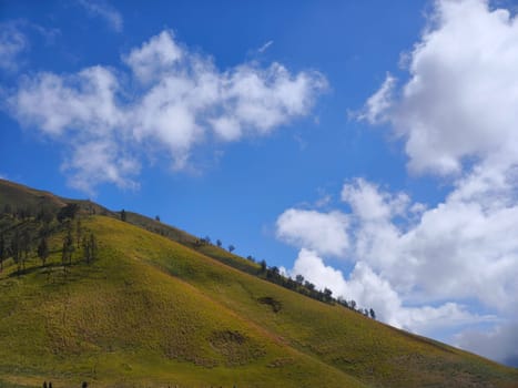A majestic view of the Bromo Tengger Semeru National Park. The iconic Mount Bromo stands tall with its distinctive crater, surrounded by a vast expanse of volcanic sand and a clear blue sky dotted with fluffy clouds.