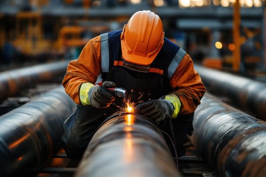 crop shot Skilled worker with safety tool, welding pipeline for infrastructure development --ar 3:2 --v 6.1 Job ID: 90c19272-6839-48cf-ad32-61f26066364b