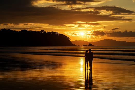 A beautiful silhouette of a couple hugging each other, enjoying intimacy and making love at a beach during sunset..
