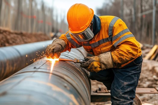 a worker with safety tool, welding pipeline for infrastructure development.