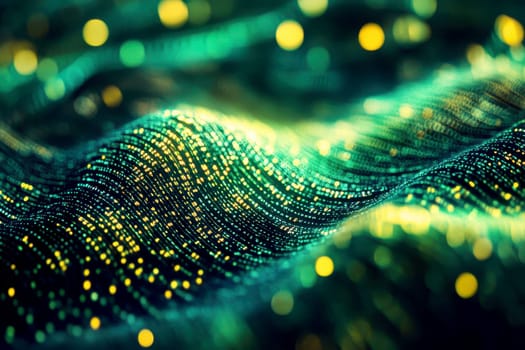 Abstract green particles wave is flowing forming a futuristic technology background..