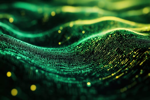Abstract green particles wave is flowing forming a futuristic technology background..