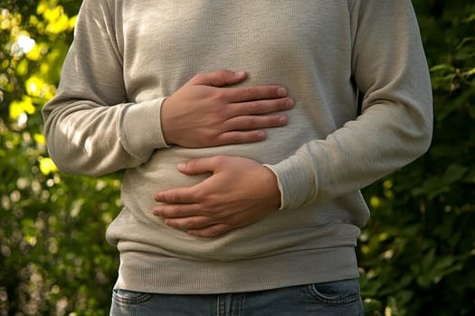 A person with a stomach ache. holding their stomach in pain. on white background. with white space. High quality illustration