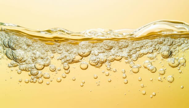 Golden liquid with bubbles forming and rising to the surface creating a wave