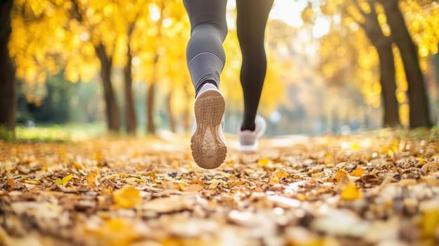Close up of sportswoman legs running on path covered with golden foliage in autumn park