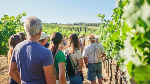 Winegrowers are walking and examining the vine grape harvest in a sunny vineyard
