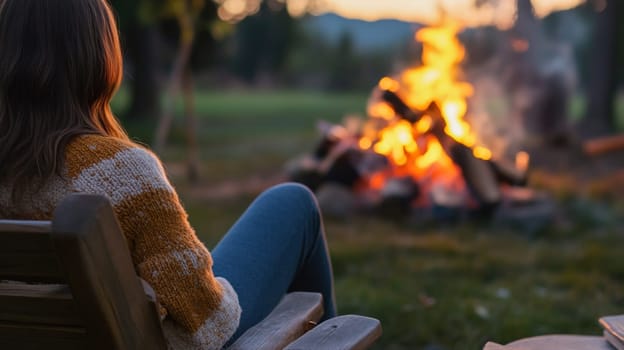 Woman enjoying warmth of bonfire while sitting on wooden bench at campsite, embracing tranquility of nature during sunset