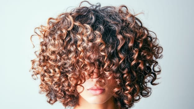 Model hiding her face behind voluminous curly hair in a beauty and hair care concept