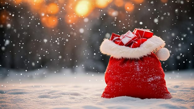 A large open Santa Claus bag with gifts against a sci-fi sunset and starry sky. AI generated.