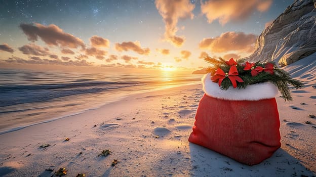 A large open Santa Claus bag with gifts against a sci-fi sunset and starry sky. AI generated.