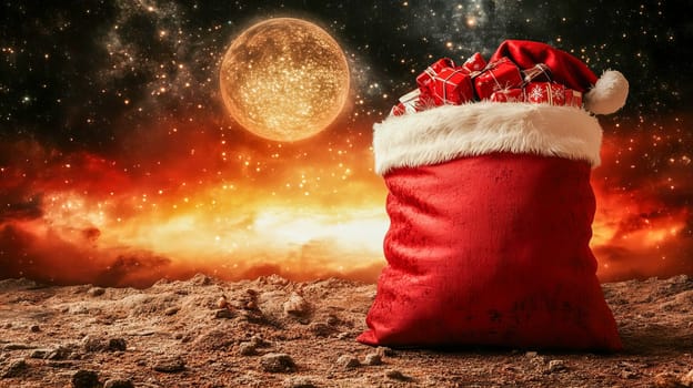 A large open Santa Claus bag with gifts against a sci-fi sunset and starry sky. AI generated.